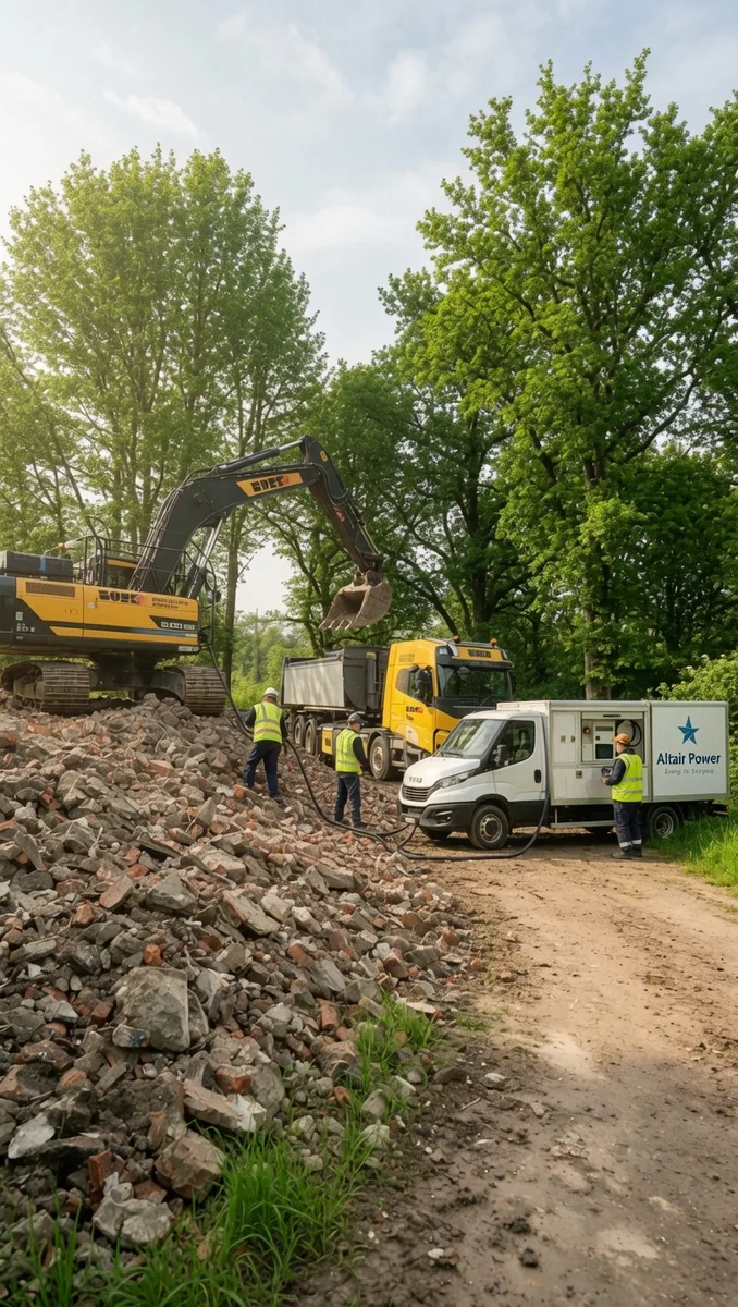 Impressie: de Altair Power Pack levert stroom aan een elektrische graafmachine op een slooplocatie